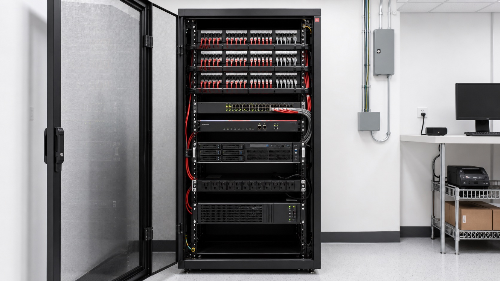 Exemplo visual de rack 24U organizado com patch panels, cabeamento estruturado, switch, firewall, servidor, PDU e nobreak